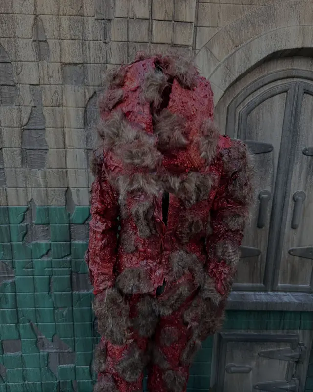 A blood-red flayed-creature character standing head bowed on the Scarizona Scaregrounds set