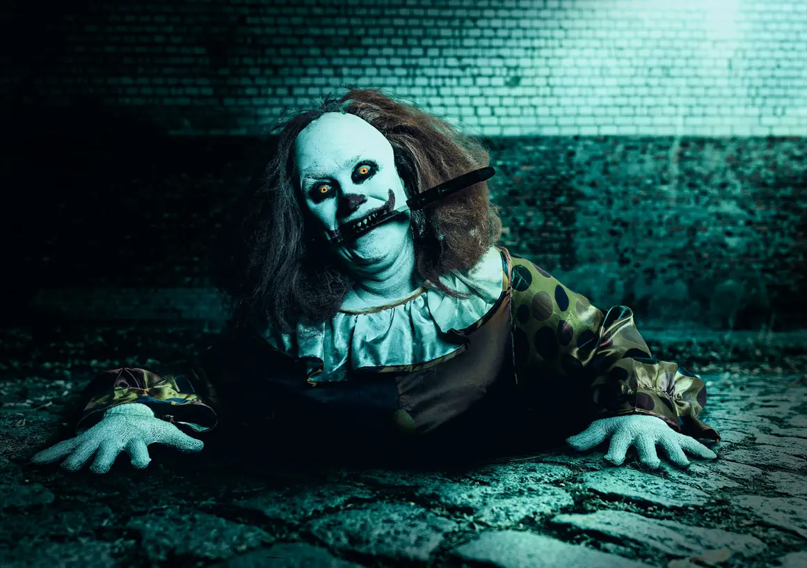 A Scarizona clown scare actor crawling out of the dark toward the camera on a brick-walled set