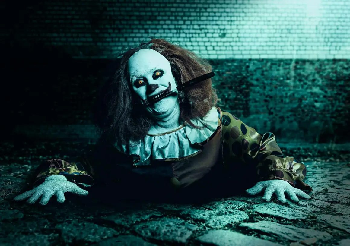 A Scarizona clown scare actor crawling out of the dark toward the camera on a brick-walled set