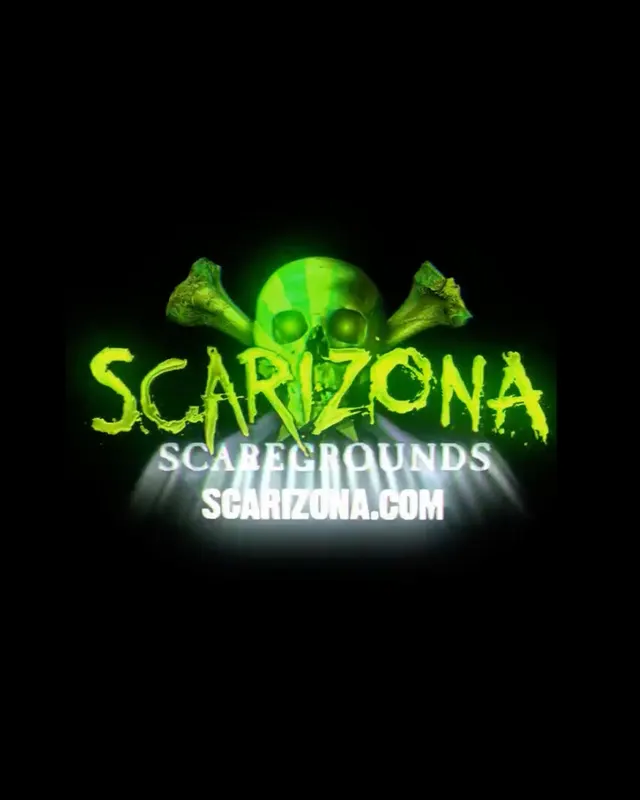 The Scarizona Scaregrounds glowing green skull logo on black, the Blackout Night title card