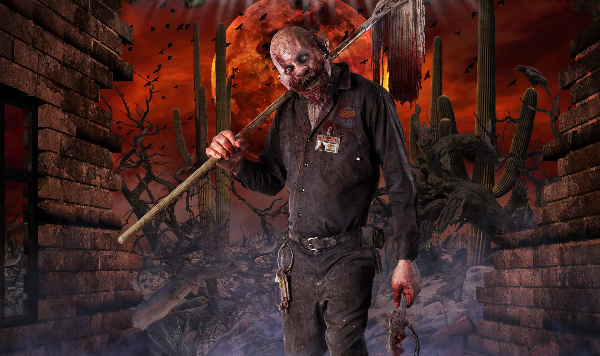 Scarizona Scaregrounds desert key art at night, a masked figure under a blood moon