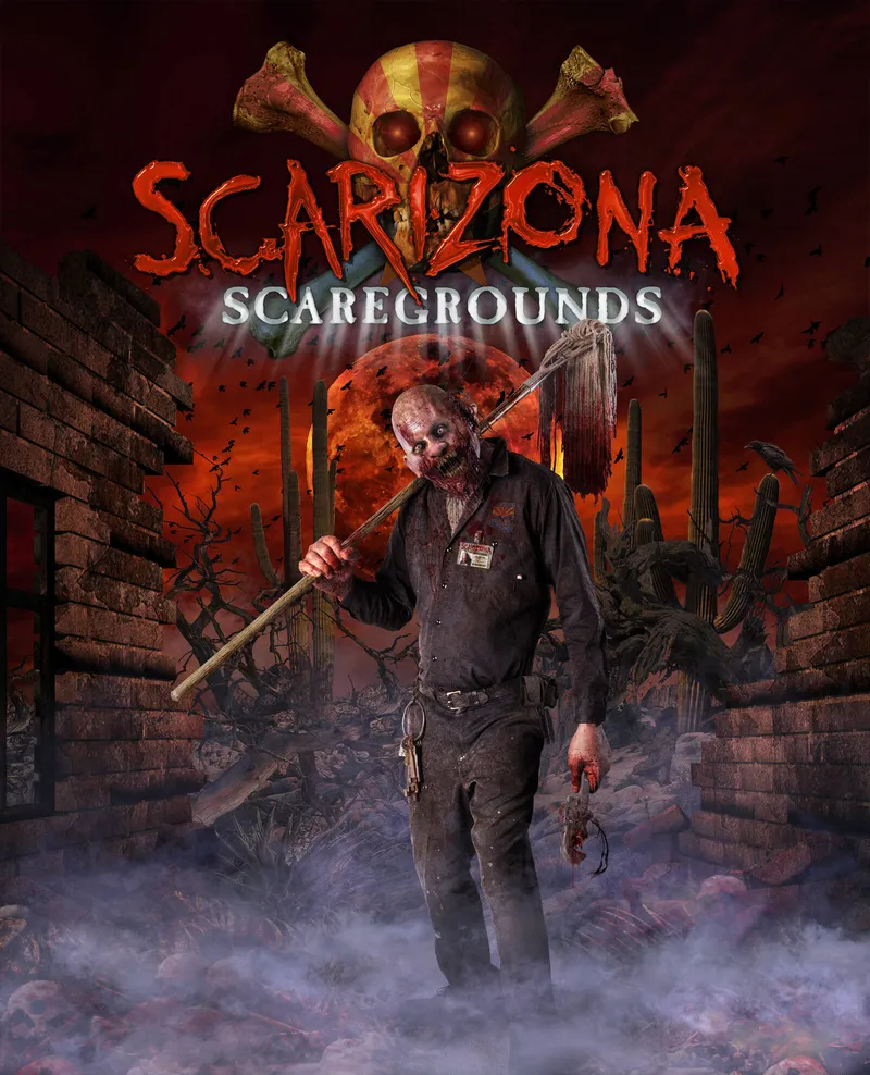 Scarizona Scaregrounds key art: the janitor character with a bloodied mop under a burning desert sky